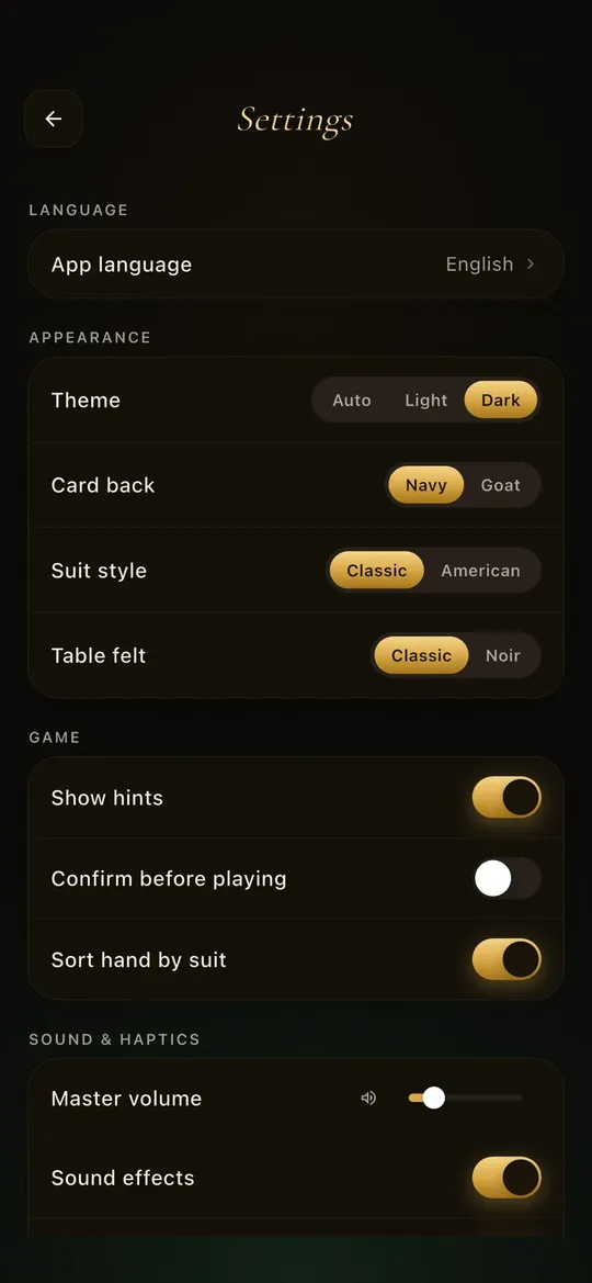 Settings: theme, card back, suits, felt