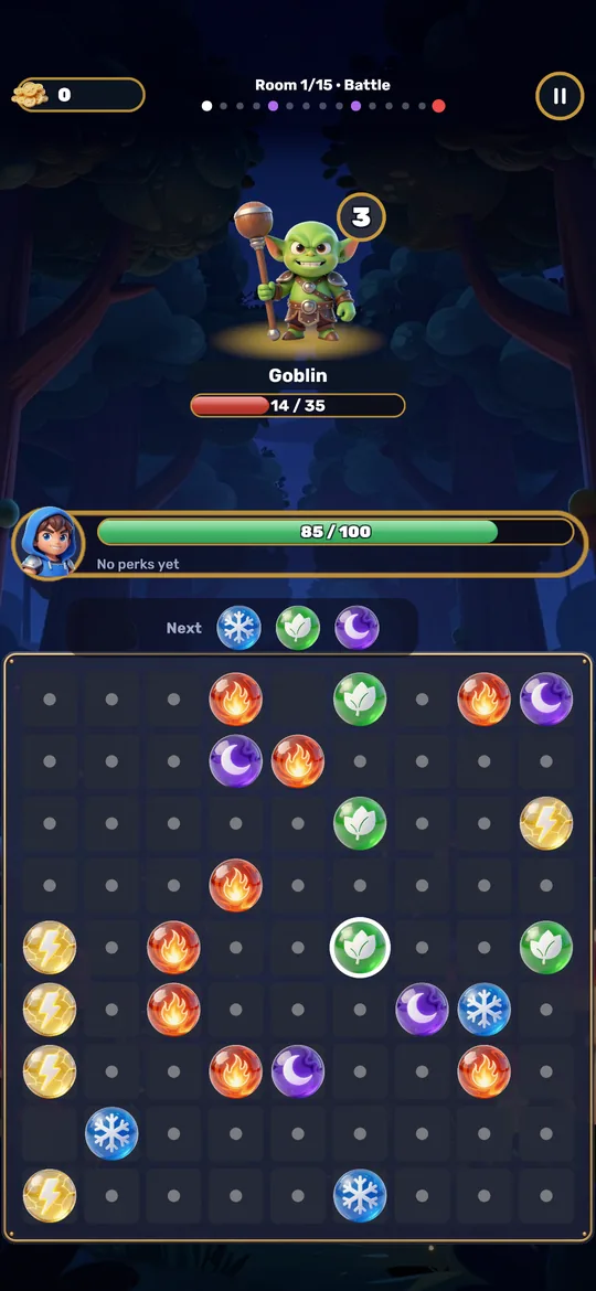 A battle: the board of orbs and a goblin